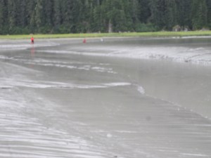 Here we were skiing across the mud flats trying to get out of the slough